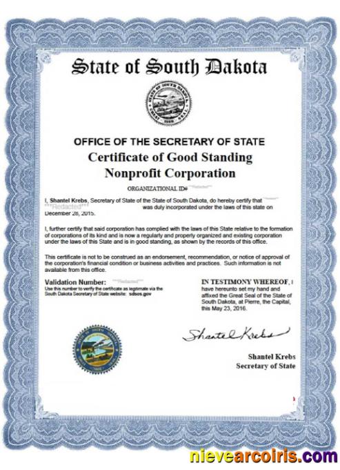 USA South Dakota certificate of good standing